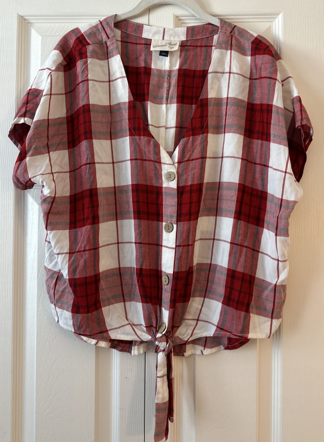 Universal Thread Red White Plaid Button Front Tie… - image 1