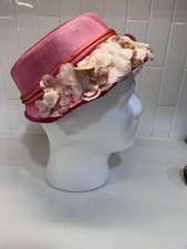 Vintage Women  s Cloche Hat Coral Pink Satin With Flowers 1950s