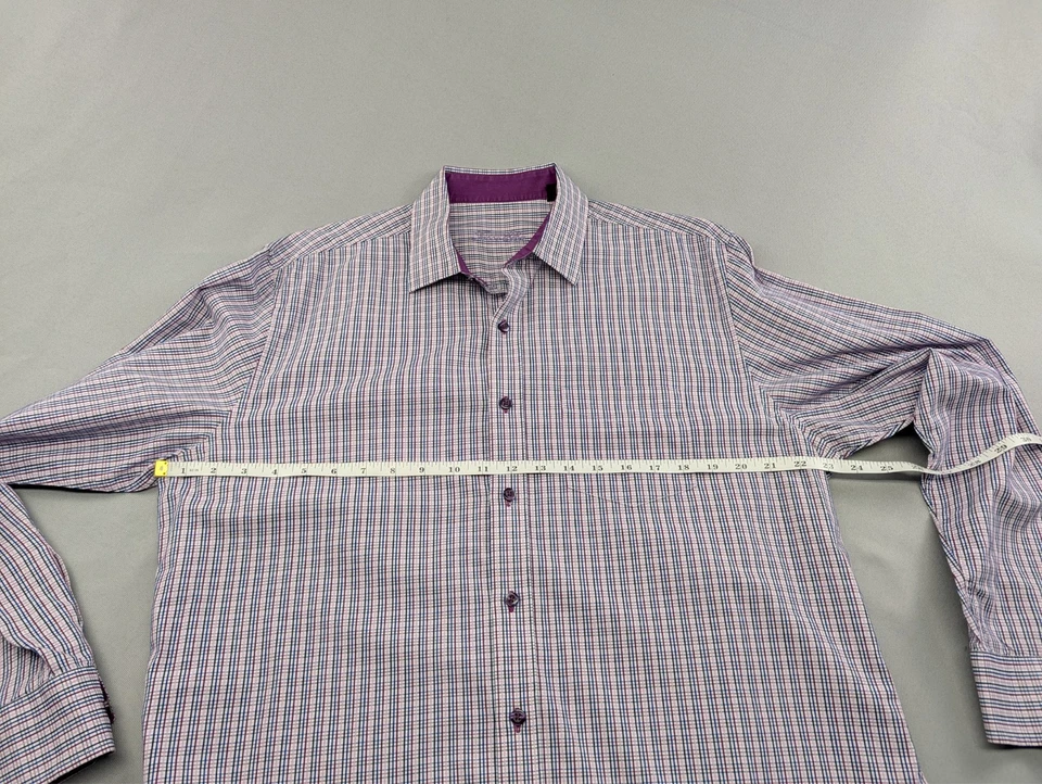 Tasso Elba Shirt Men's Large L 16-16.5 Dress Plaid Check Purple Blue 100% Cotton - Image 4 of 4