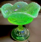 Fenton Topaz Iridescent Vaseline Glass Footed Compote Dish Eye And Scroll