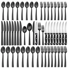 48-Piece Matte Black Silverware Set with Steak Knives, Stainless Steel Flatwa...