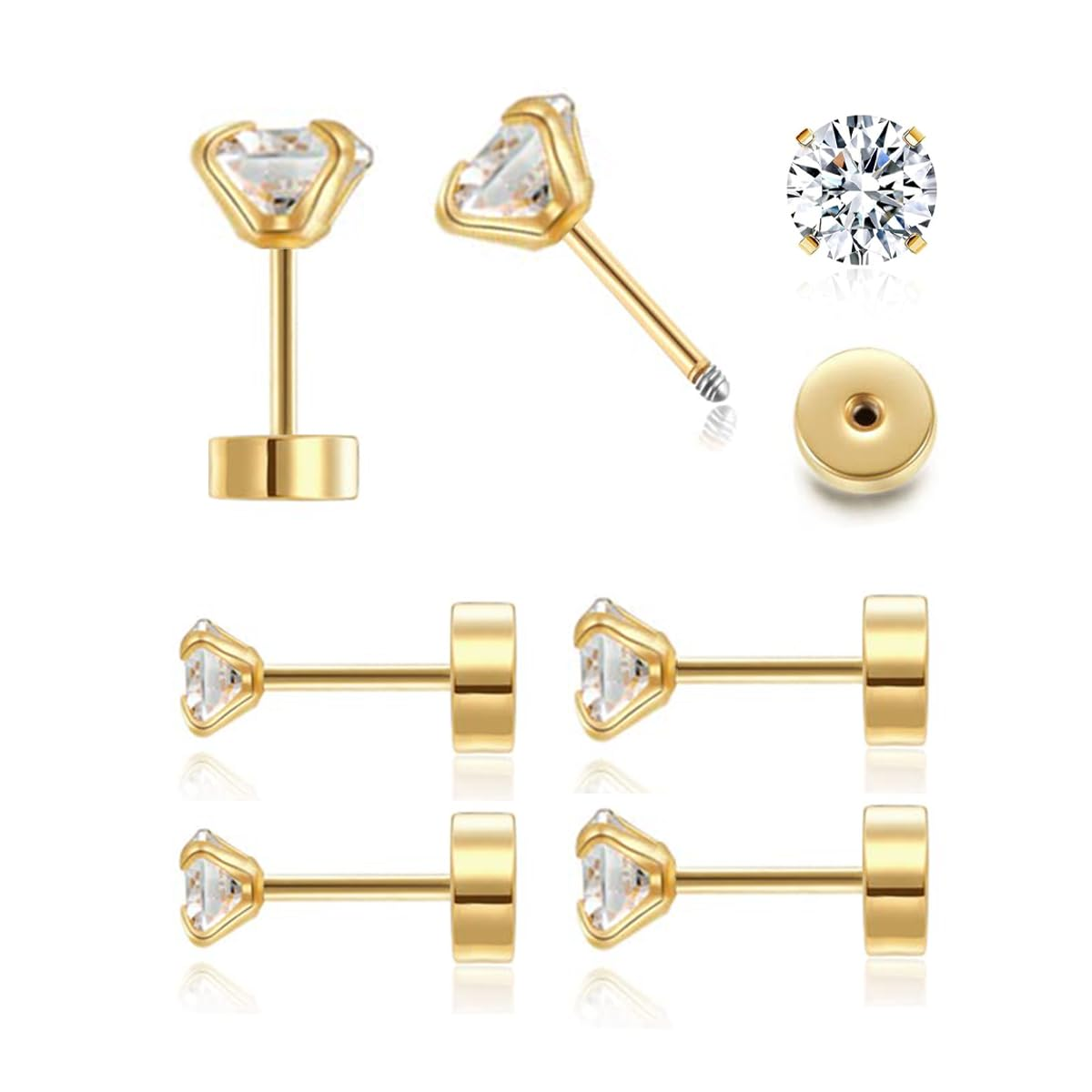 3Pairs Flat Back Stud Earrings for Women 14K Gold Hypoallergenic Set-image