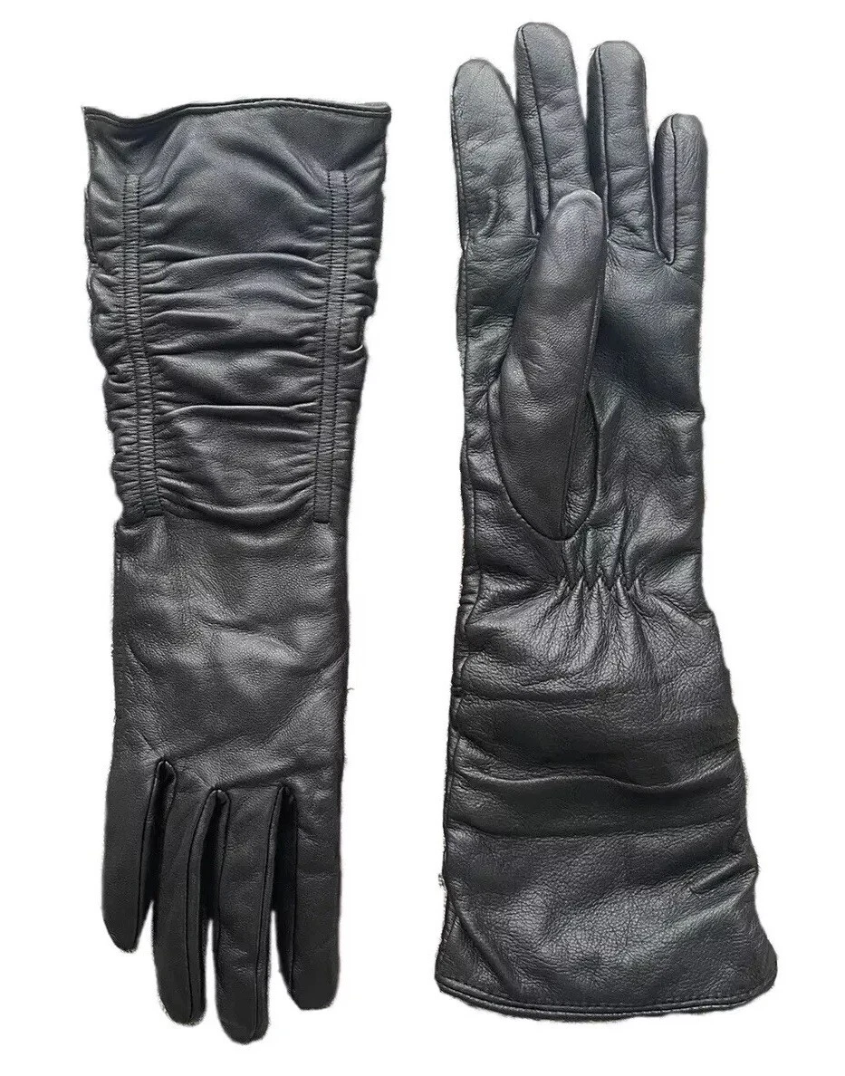 YISEVEN Ruched Leather Wool Lined Long Gloves Sz S/M Sheepskin Lambskin Glamour
