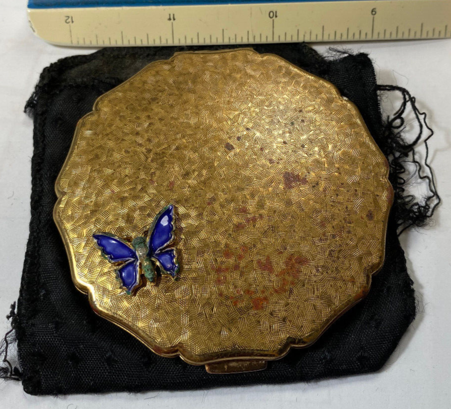 VINTAGE STRATTON COMPACT GOLD TONE ENAMELED BUTTERFLY DESIGN W207