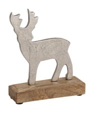 Hirsch Figur Metall auf Sockel aus Mangoholz 15x19x5 cm  Weihnachtsdekoration