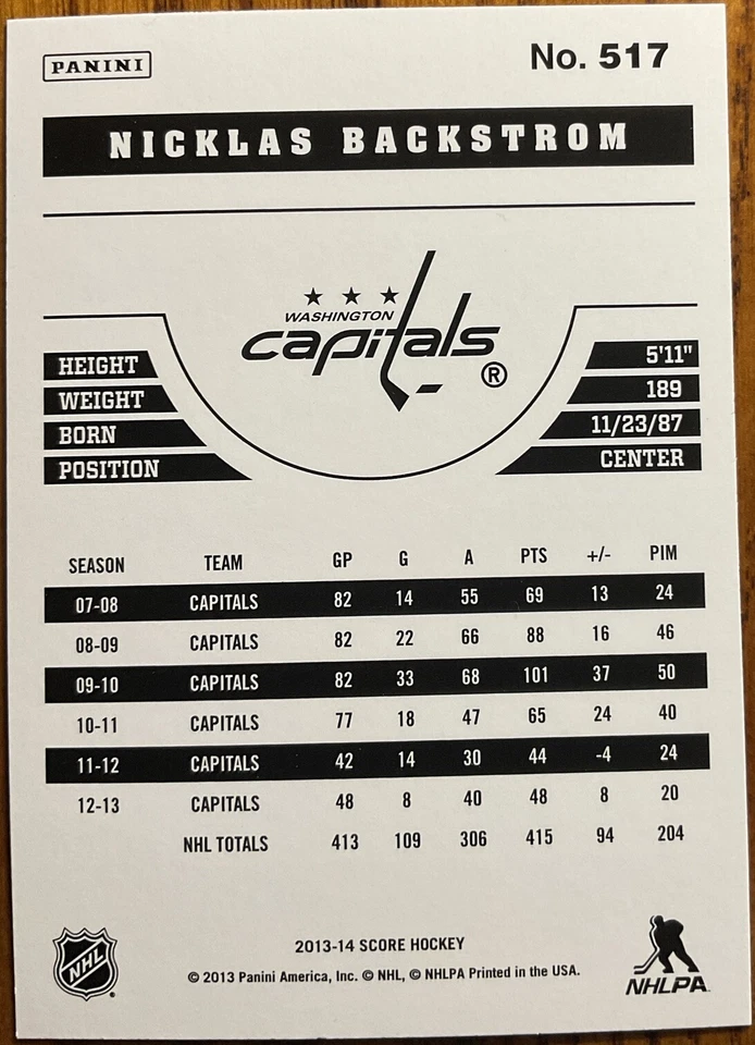 2013-14 Score Gold Nicklas Backstrom #517 Washington Capitals - Image 2 of 2