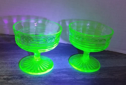 Vintage Custard Uranium Depression Glass Green Embossed Sherbet Cup Set Of 2