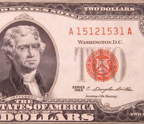 USA $2 1963 A15121531A # UNITED STATES Note RED Seal Jefferson Dollars Money