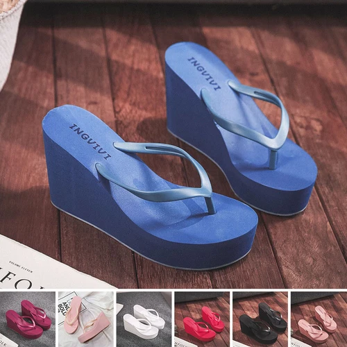 Damen Sommersandalen Plateau Keilabsatz Hausschuhe einfarbige Schuhe mittlere Absätze Flip Flops - Bild 4 von 59