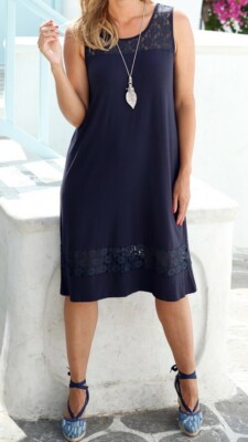 Schickes JERSEY-KLEID mit SPITZE marine VISKOSE-STRETCH GR.46 48 52 54 56 NEU