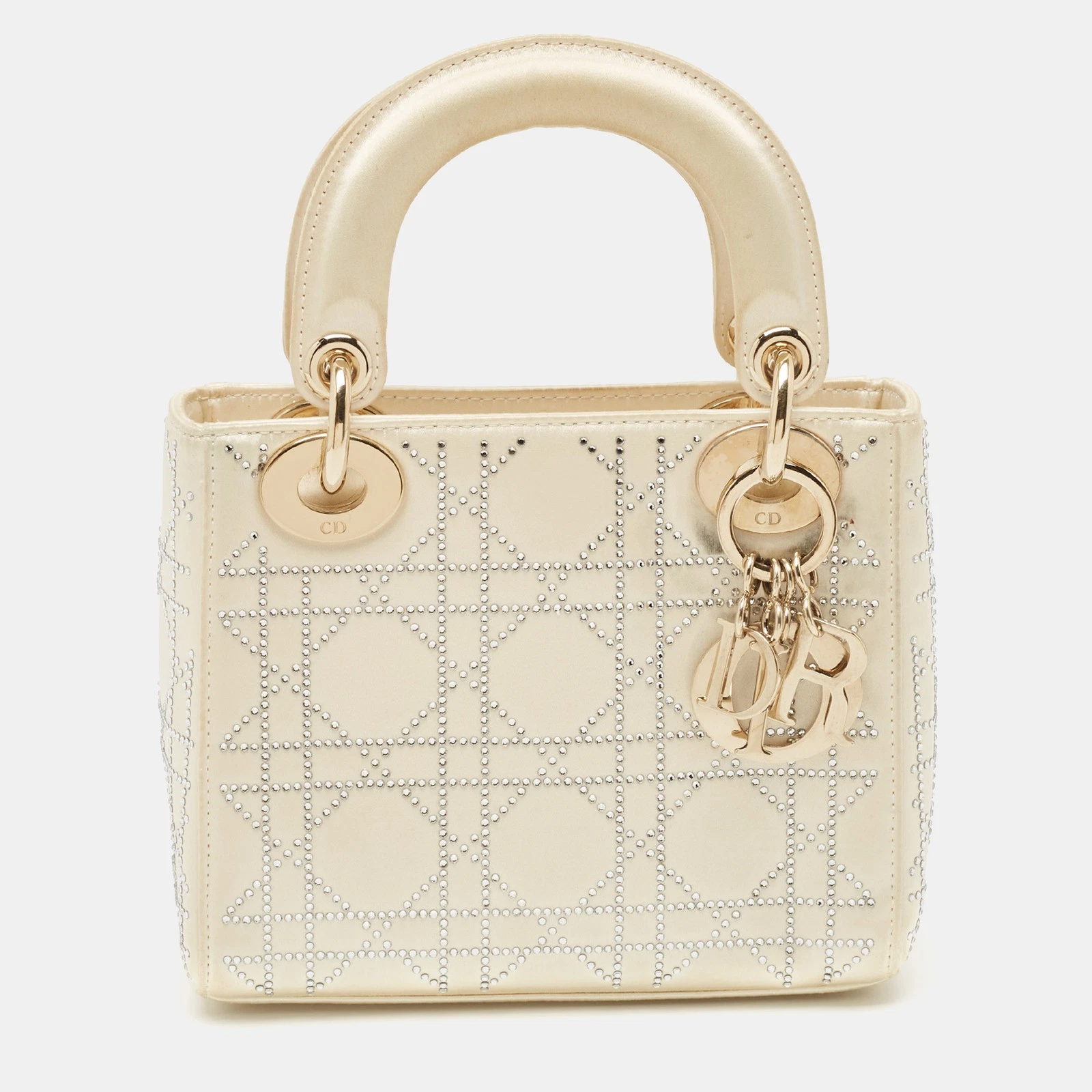 Mini fourre tout Dior blanc cassé cannage satin orné de cristaux Lady Dior