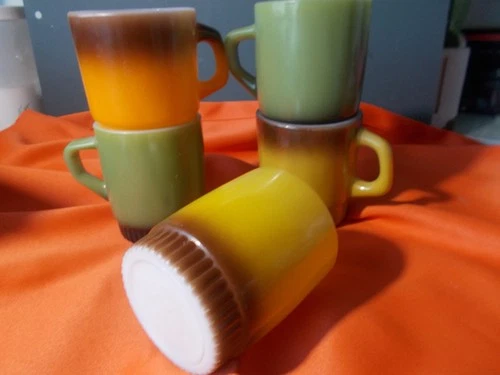 5 Vtg Anchor Hocking Fire King Stacking Hombre Mugs Classic 70s Colors Milk Glas
