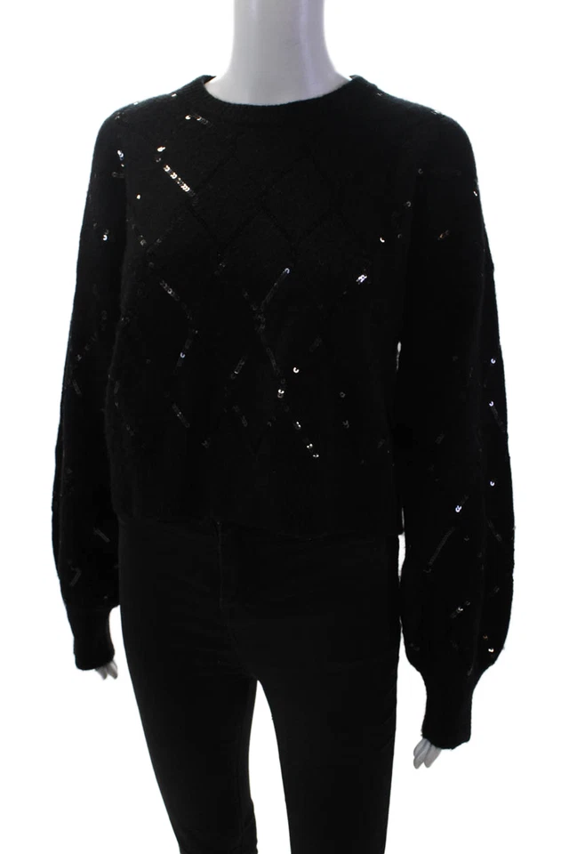 Splendid Womens Balloon Sleeve Sequin Embellished Sweater Black Size M - Image 2 of 4