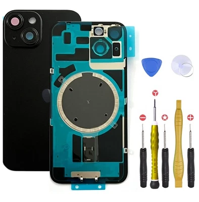 CINQ TEQ Vitre Arriere +Plaque metallique pour iPhone 14 Noir Minuit +Aimants Autocollant