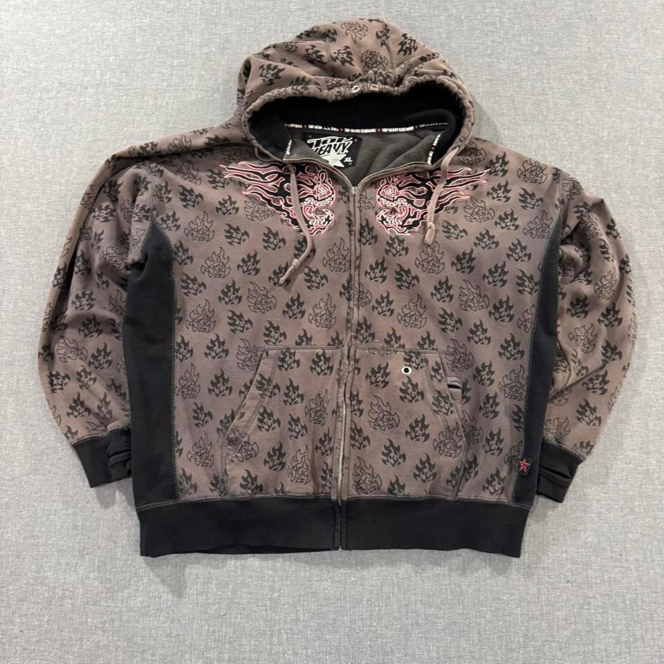 Vintage Y2K Top Heavy Hoodie Full Zip All Over Print Skull Black Brown Mens Xl