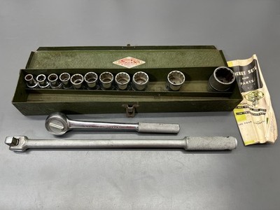 VINTAGE SK S-K TOOLS 1/2'' DRIVE SOCKET WRENCH SET W METAL CASE - VGC - USA