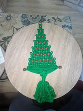 VTG Lrg Macrame Christmas Tree Wall Hanging Boho MCM Green with Red Beads 30"