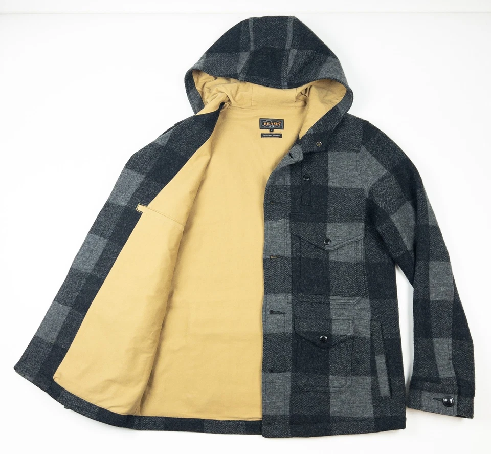 Beams Plus Japan Wool Jacket Men's Medium Gray Plaid Button Lined Mackinaw - Image 4 of 4