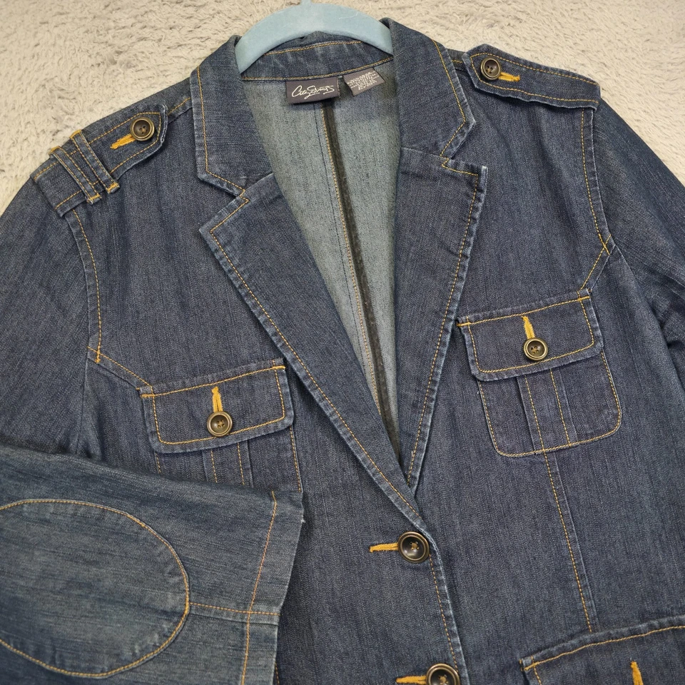 Chaqueta de mezclilla Y2K City Streets para mujer XL azul denim lavado oscuro utilitaria militar Foto 2 de 4