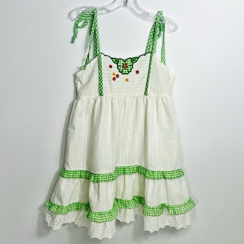 Vintage Girls Sundress Sz 5 Ivory Green Gingham Seersucker Flower Mix ‘n Match - Picture 1 of 7