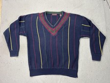 Vintage John Ashford Sweater Mens XL Blue Striped V Neck Preppy 90s Grandpa