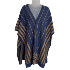 Baciano Bacci Cape Poncho Medium Blue Brown Striped Open Front Artsy Knit Cozy