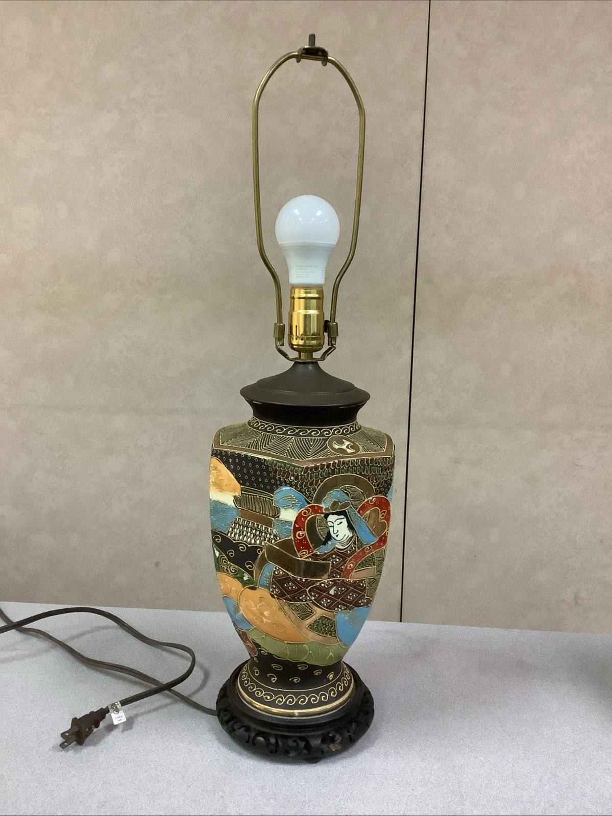 Vintage Taisho Period Satsuma Japanese Immortals Gold Moriage Vase Lamp 26”