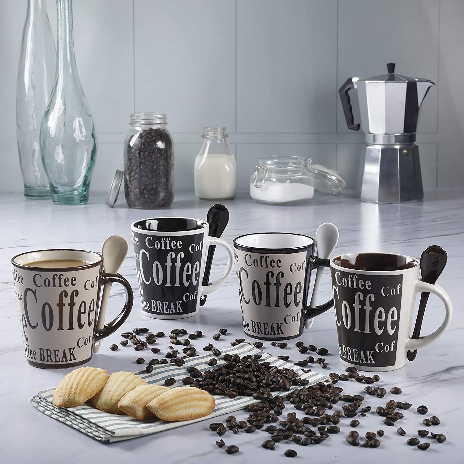 Bareggio Mug and Spoon Set 8 Piece 14Oz Cafe Americano Coffee Cup