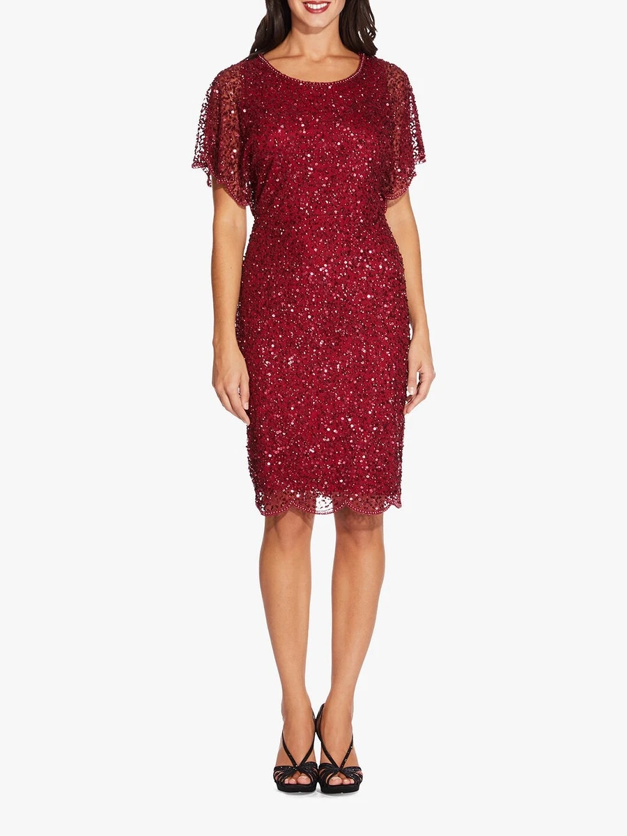 Adrianna Papell Beaded Cocktail Dress with Flutter Sleeves Scallop