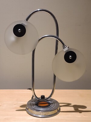 Vintage Working MCM Mid Century Modern Chrome & Bakelite Atomic Table Lamp USA
