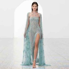 Luxury Mermaid Evening Dresses Cross Cuff with Cloak Sequins Dubai Party Gowns