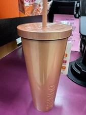 Dunkin Donuts 24oz Stainless Steel Insulated Tumbler w/ Straw Iridescent Tan