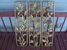 Vintage Syroco Dart Gold Set of 3 Season Floral Wall Plaques 23X6” MCM 1954