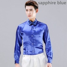 Men Satin Faux Silk Shirts Top Button Bridegroom Wedding Stage Performance Shiny