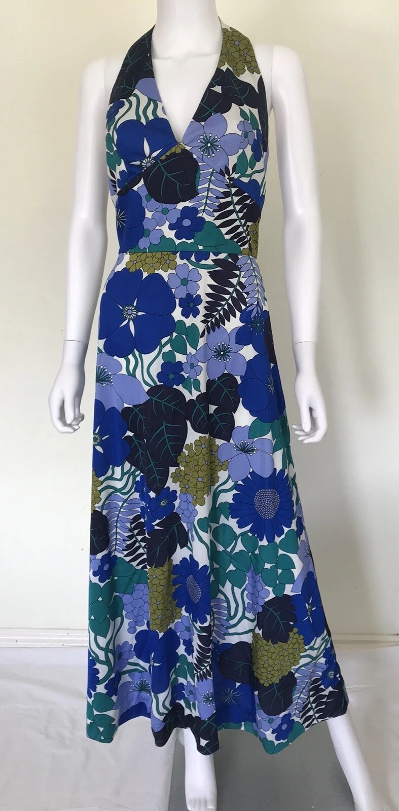 Vintage 70s Floral Halterneck Midi Dress, Handmade, M L