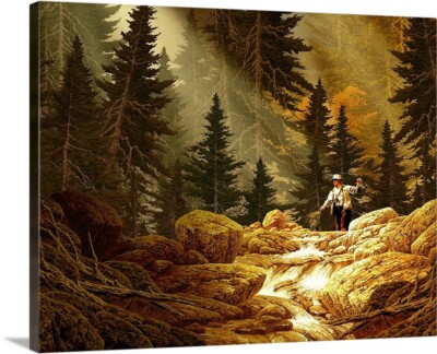 Fly Fihing the Rocky Mountains Stretched Canvas Wrap Print Vintage Photo Collage