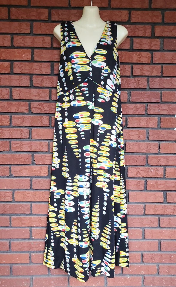 1970-х годов макси платье без рукавов маленький союз сделано черный цветной Groovy изменен - Изображение 2 из 4