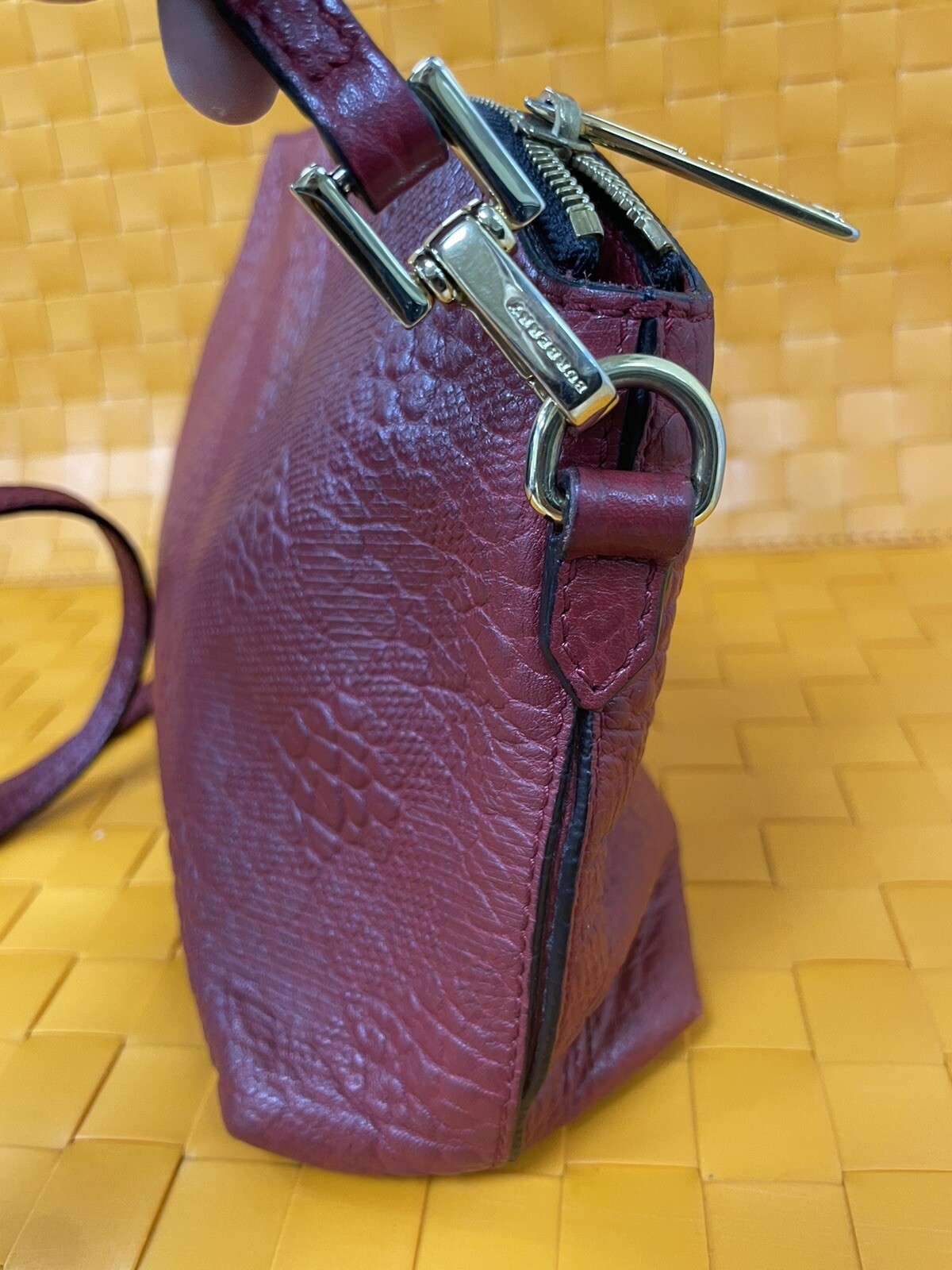 Authentic Rare Burberry Dewsbury Embossed Check Red Leather Zip  mint bag R15 image 5