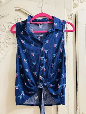 New Look Women's Blue Tie Up Crop Top Ditsy T-Shirt 8 10 90s Vintage Rock Summer - Image 1 of 4