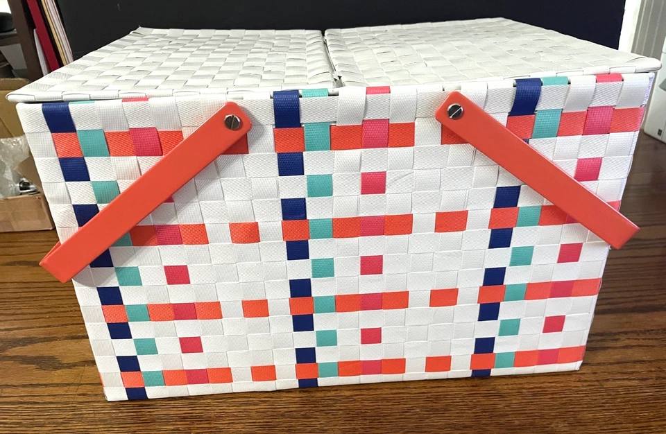 Large flat wicker Rectangular Picnic Basket w/ Handles Colorful! 15 x 11 x 9.5 - Image 2 of 4