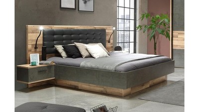 Bettanlage 1 Ricciano Bett inkl. Nachtkommoden Stabeiche Betonoptik grau 180x200