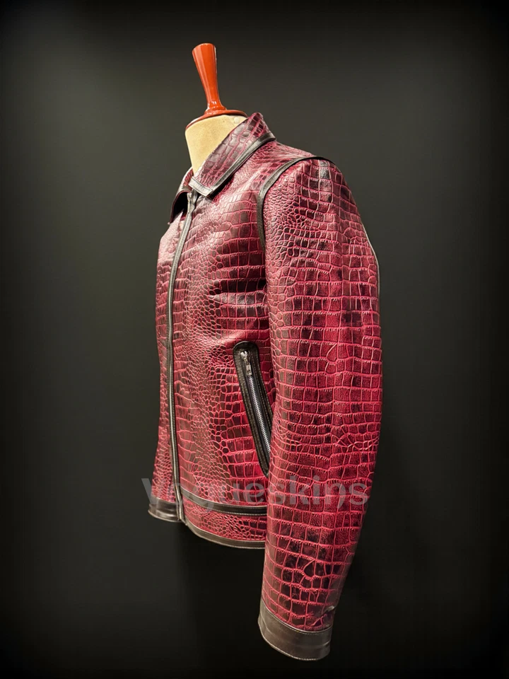 Men's Red Leather Jacket Crocodile Embossed Pattern Alligator Leather Jacket - Image 4 of 4