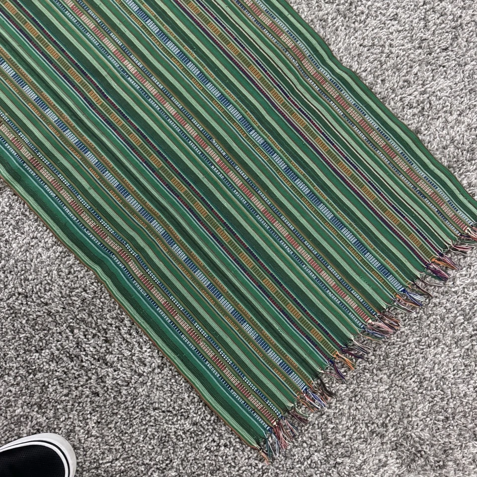 Hand Woven Table Runner Decorative Cloth Linen Green Stripe Fringe - Image 3 of 4