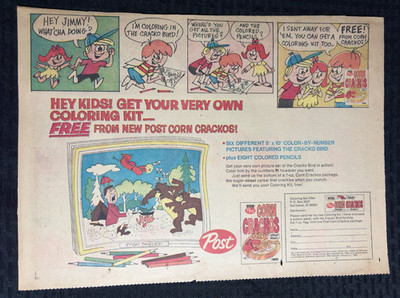 1967 POST CORN CRAKOS CEREAL 14x10'' Print Ad VG+ 4.0 Free Coloring Kit Mail-Away