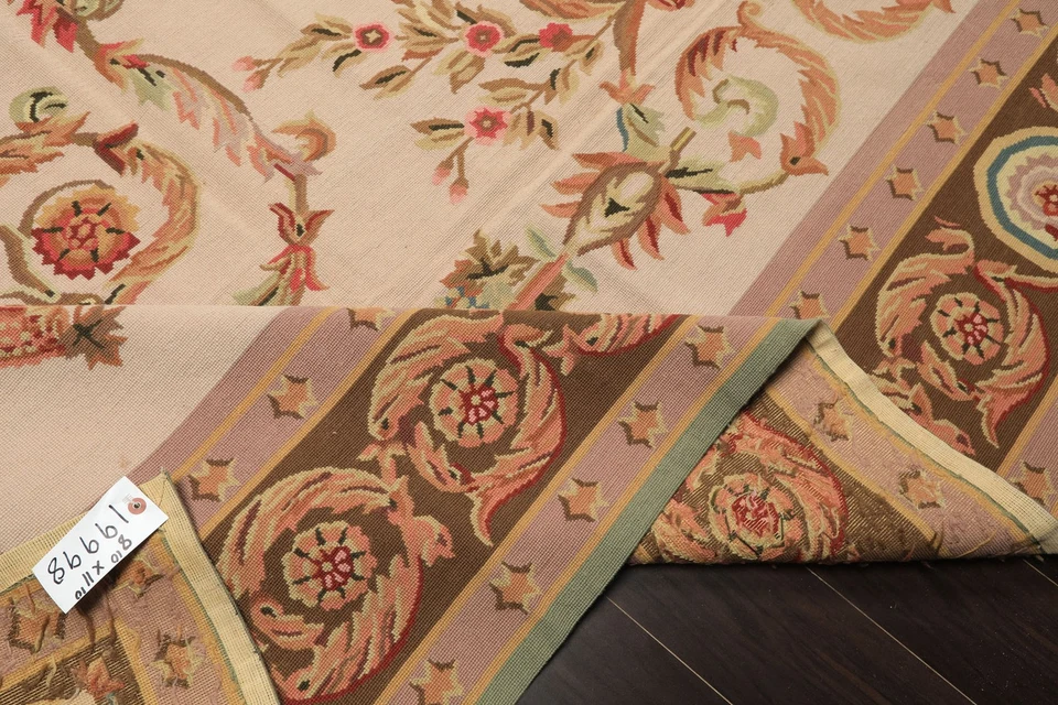 8'10''x11'10'' Hand Woven Flatweave Wool Ivory French Aubusson Needlepoint Rug - Image 4 of 4