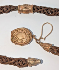 antike Biedermeier Band aus Echthaar Schieberkette Medaillon Tombak rotvergoldet