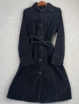 Stradivarius Black Corduroy Trench Coat Belted Goth Academia L VTG Button Up