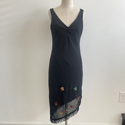 Vintage Rampage Y2K Dress Women 7 Black Midi Fringe Flower Grunge Indie 90s