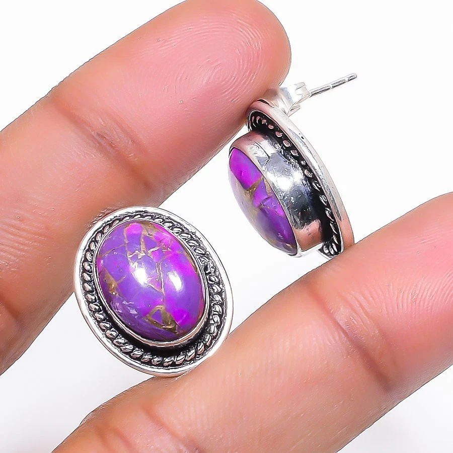 Copper Turquoise Gemstone 925 Sterling Silver Jewelry Stud Earrings Size 0.75" - Image 1 of 1