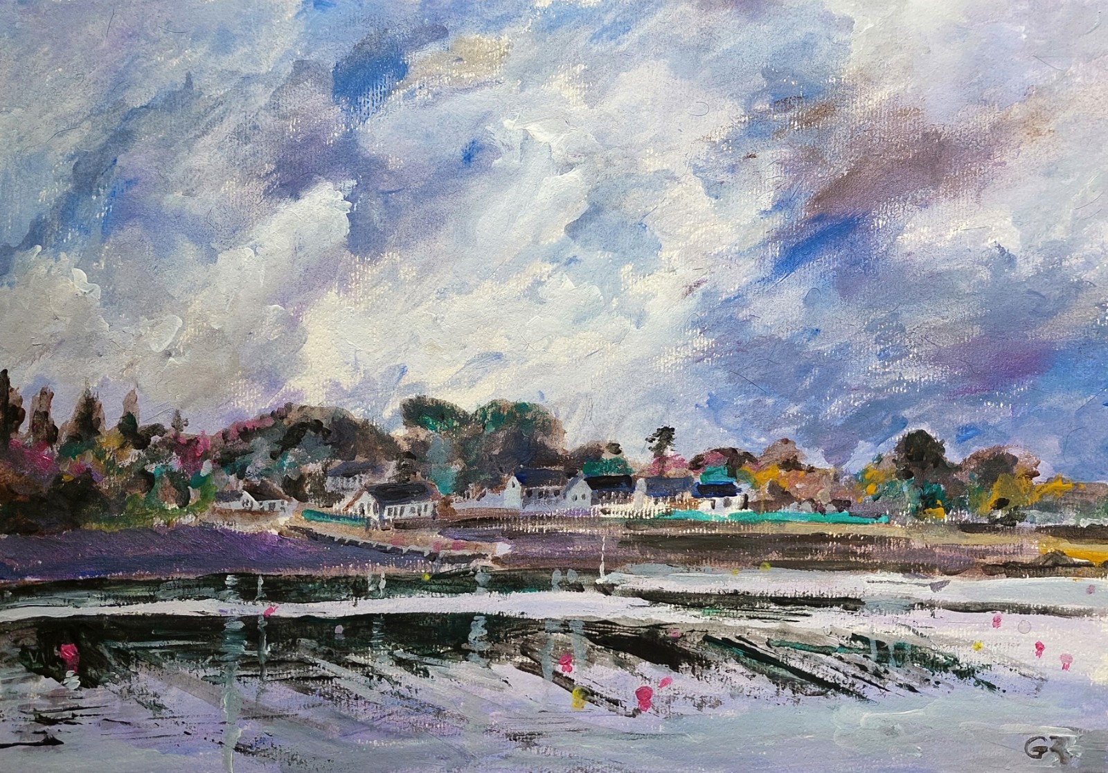Pill Creek, Feock - Papel acrílico original 410mm x 295mm. opuesto Pandora Inn